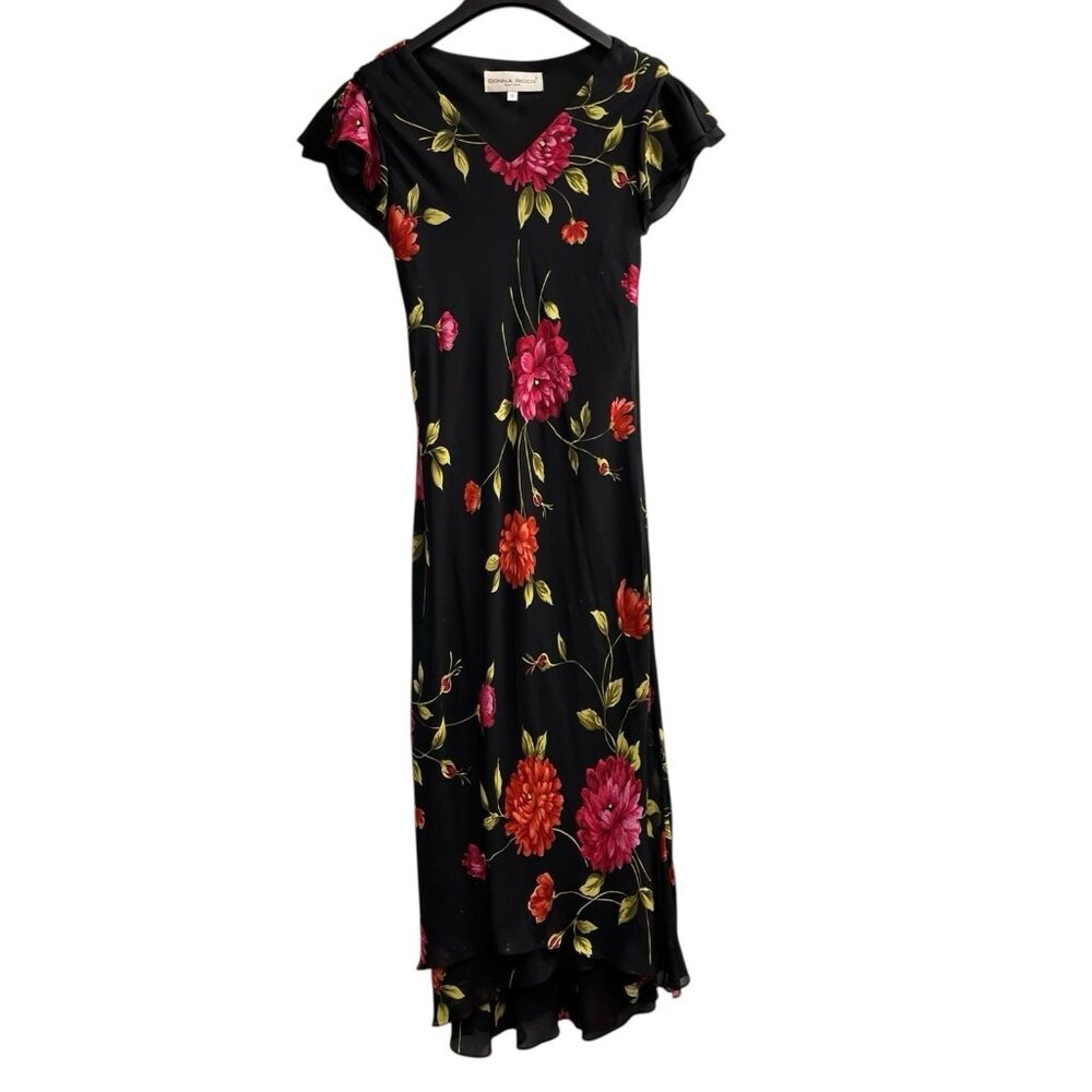 Vintage Y2K Donna Ricco Dress Womens 6 Dark Floral‎ Chiffon Asymmetrical Fairy
